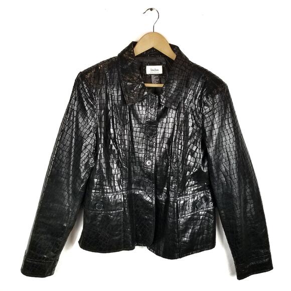 Neiman Marcus Women's Black Embossed Leather Jacket Size L Large - Picture 1 of 7